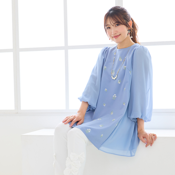 小花刺繍バルーンスリーブチュニック | レディースファッション