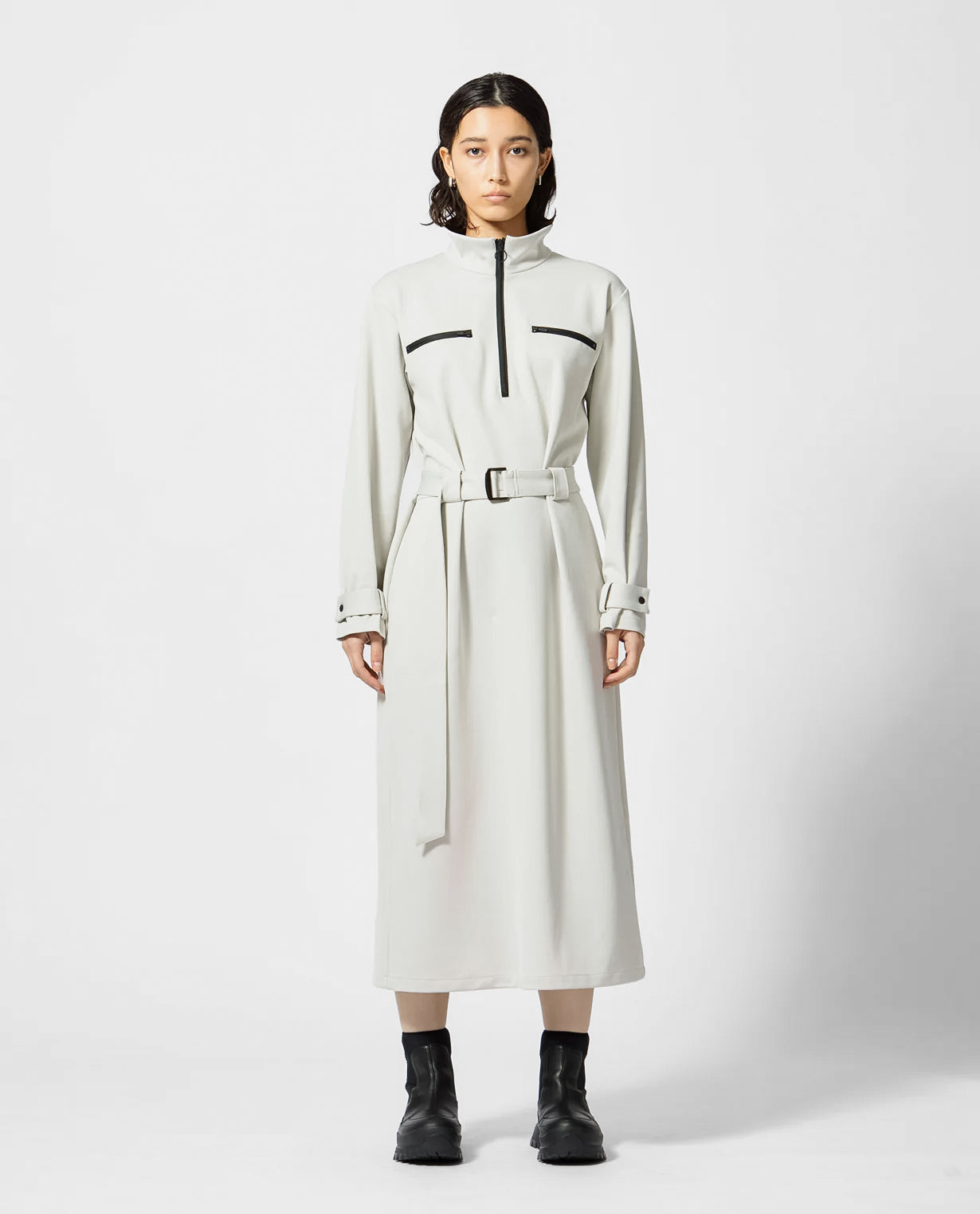 0202_D ダンボールニット ベルト付きZIP UPワンピース (ストーングレー