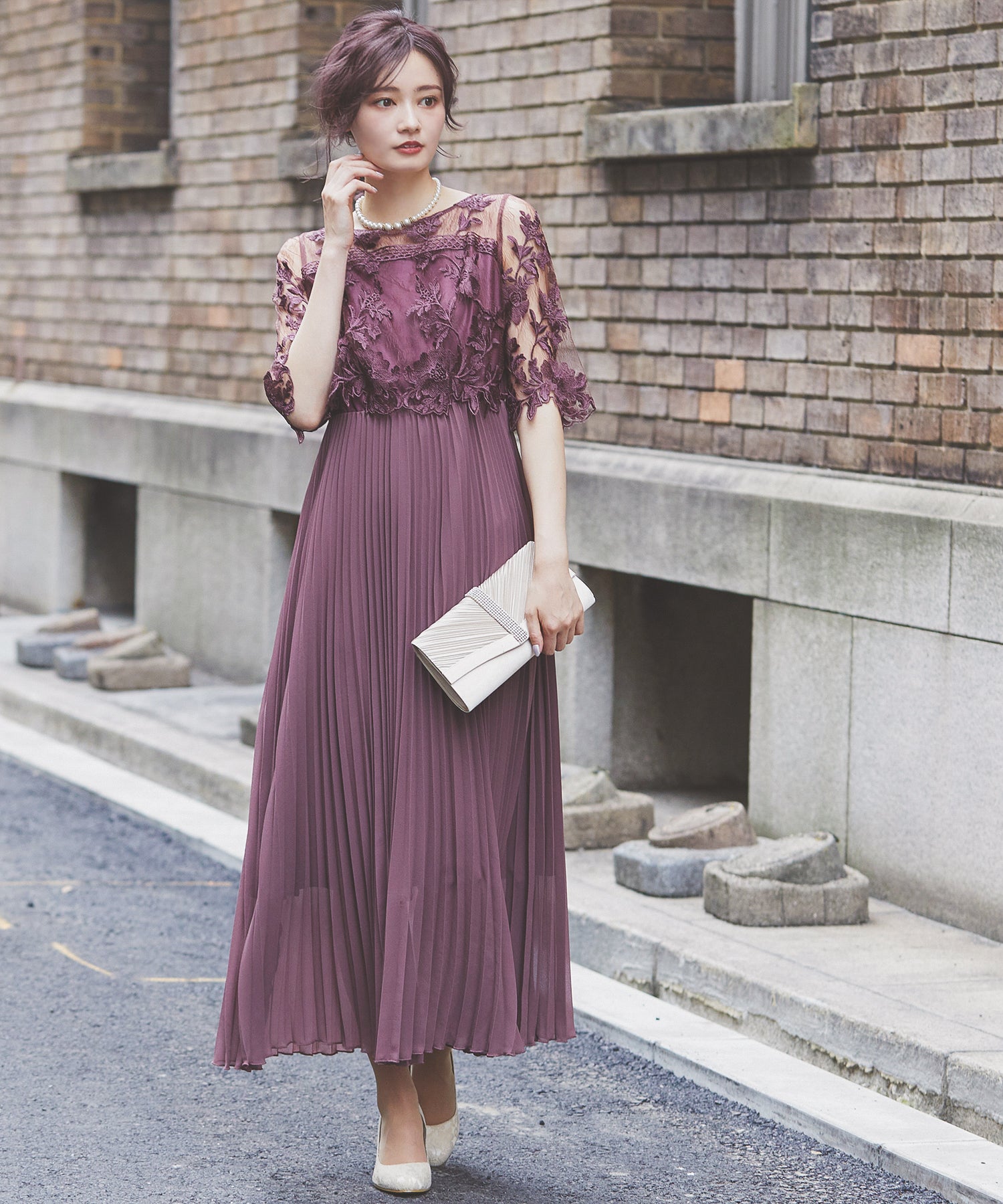 フラワー刺繍レース 切り替えプリーツロング パーティードレス