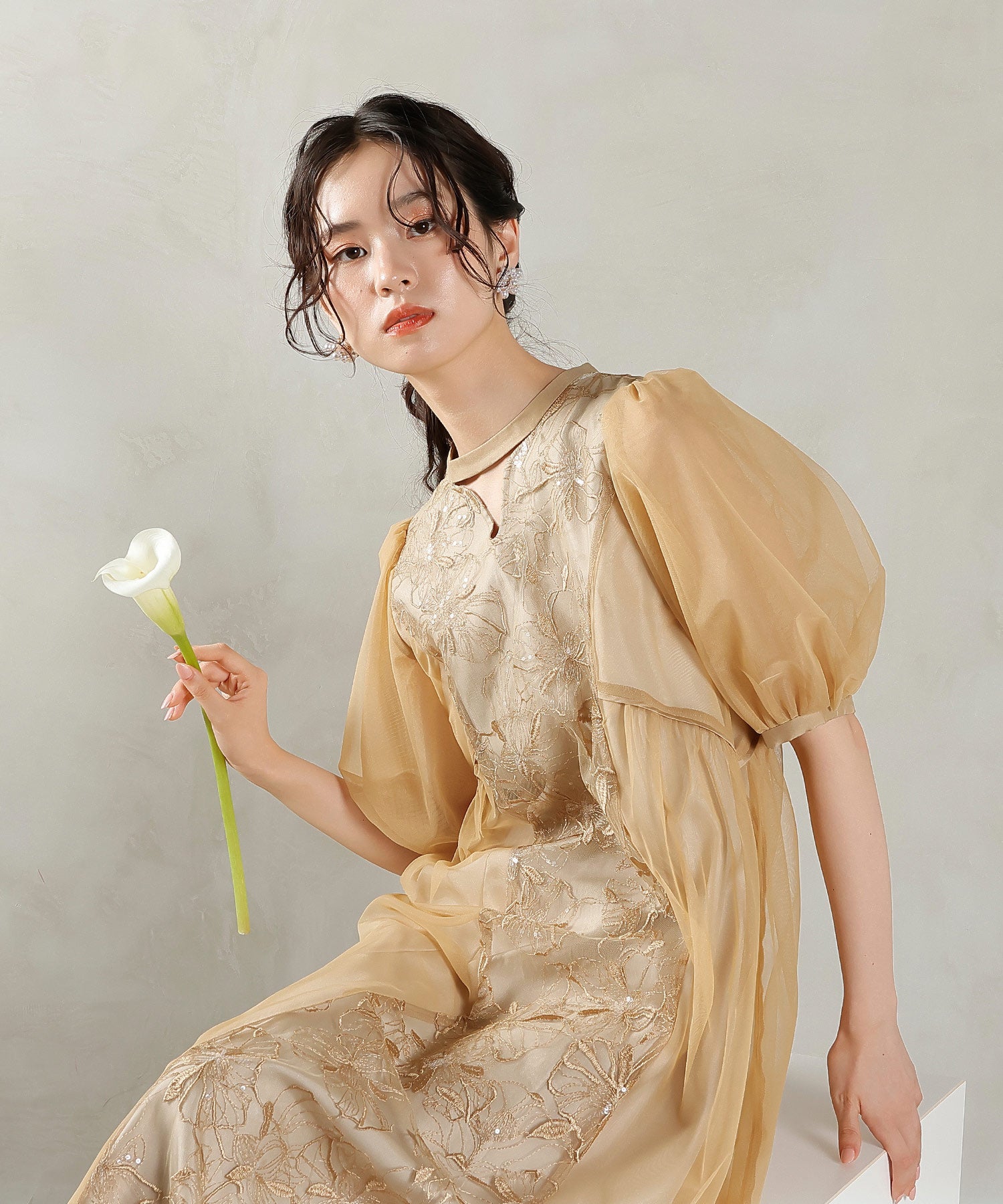 スパンコールレース Aライン チュールワンピース