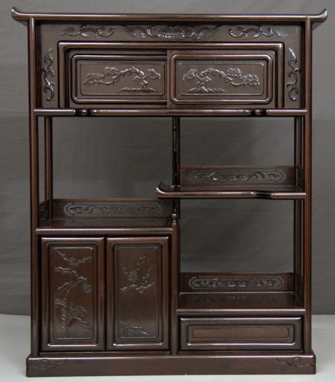 飾り棚: 花梨 筆返し大引き2枚戸2.5尺棚 no.8601 / 唐木家具OSAKA