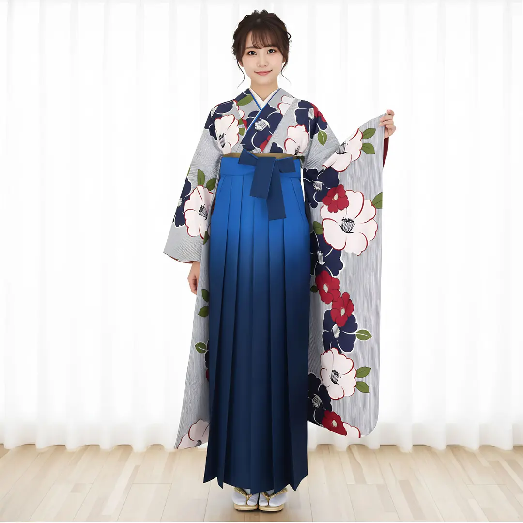 白地に紺の万筋に椿の振袖・青袴（ぼかし） （振袖）／卒業式 | 宅配