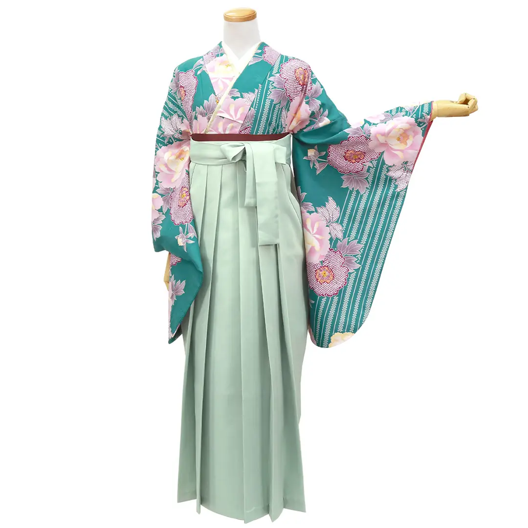 ターコイズに縞と牡丹・くすみグリーン袴（無地） （二尺袖）／卒業式