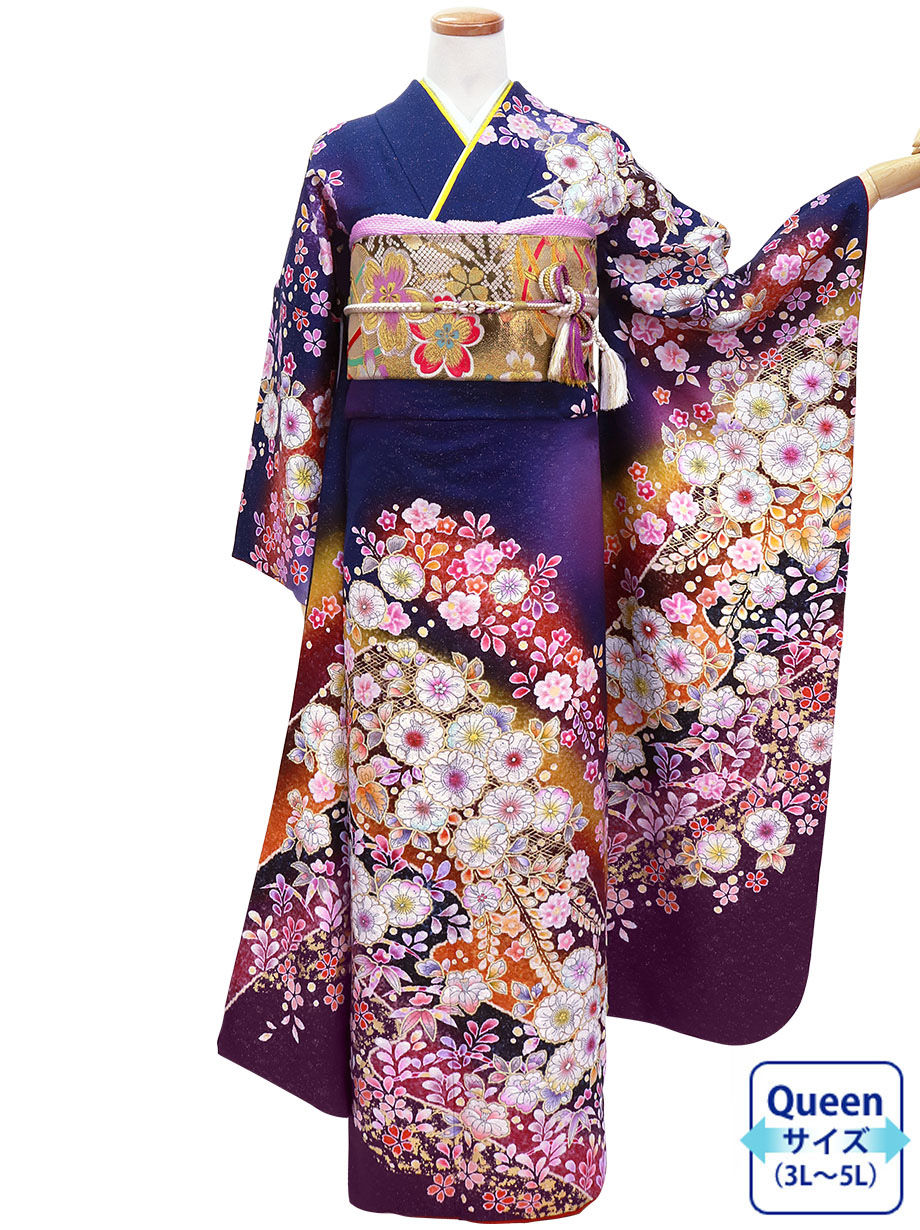 紺と紫地に辻が花調の振袖／Queenサイズ | 宅配着物レンタルの京都かし