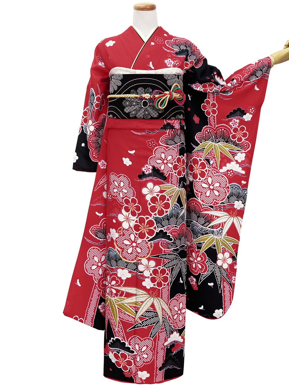 黒と赤に松竹梅の振袖／標準サイズ | 宅配着物レンタルの京都かしきもの
