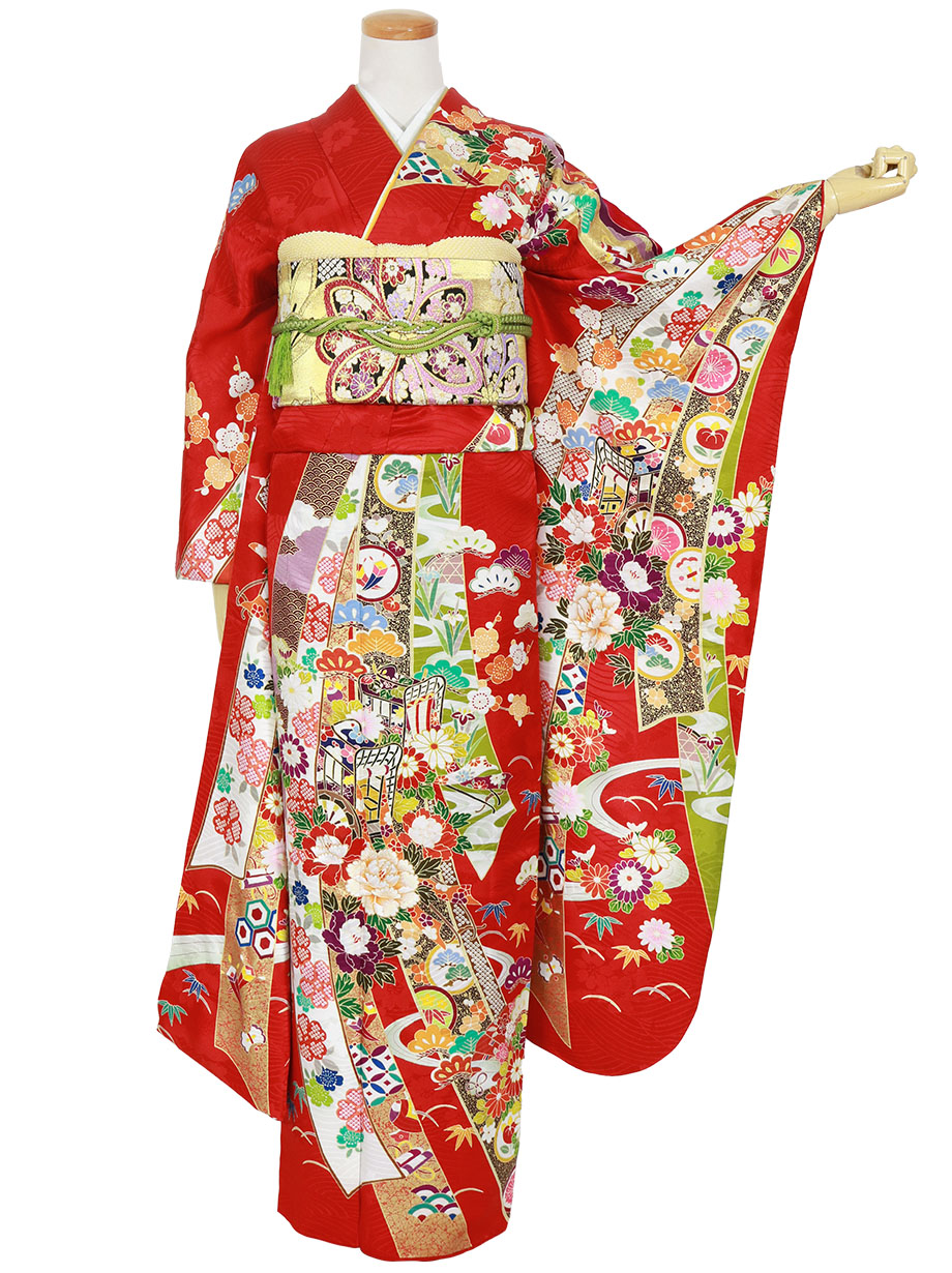 赤地に熨斗目と宝づくしの振袖／標準サイズ | 宅配着物レンタルの京都