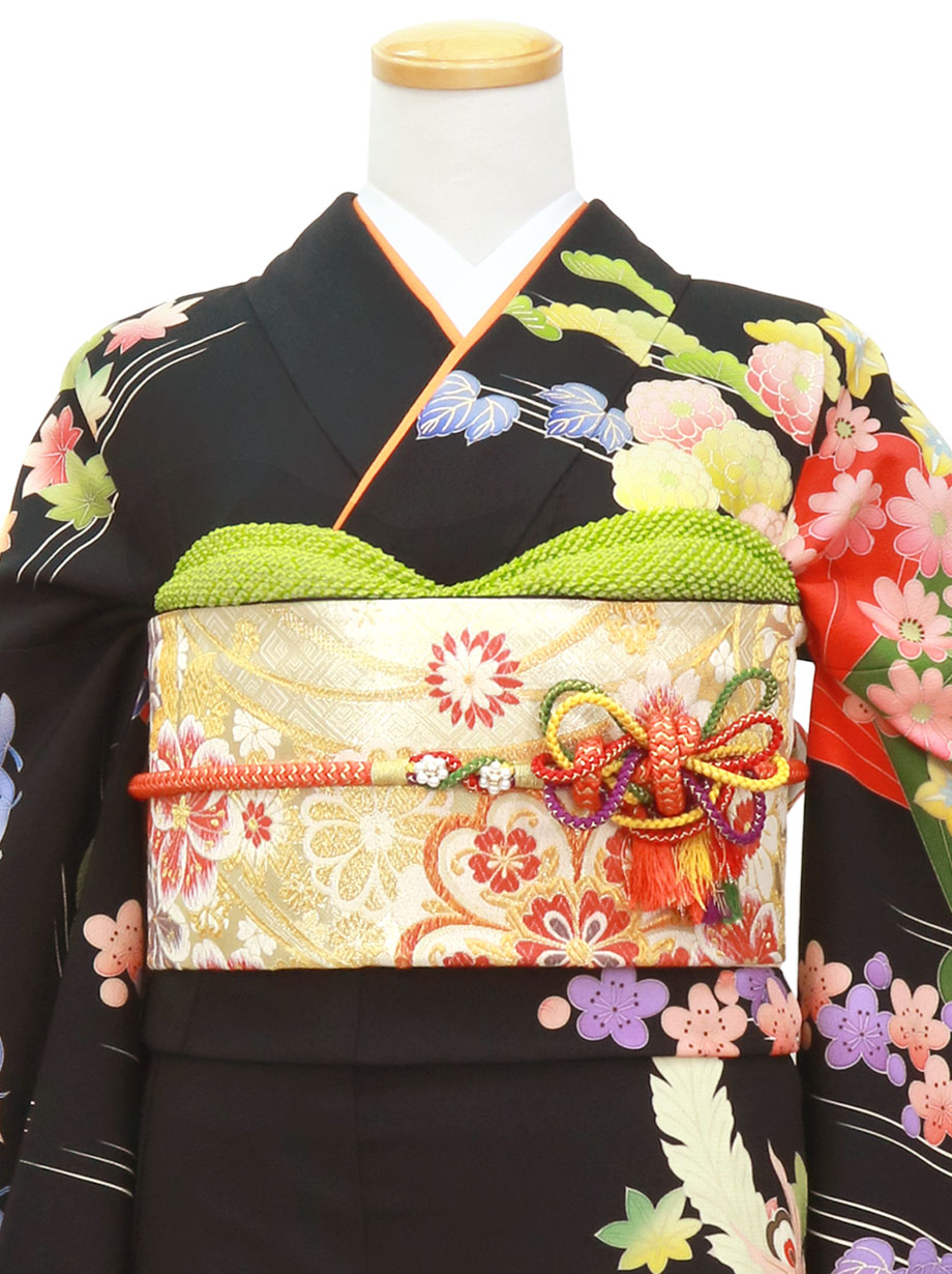 黒地に桐竹鳳凰文の振袖（ポリエステル）／標準サイズ | 宅配着物