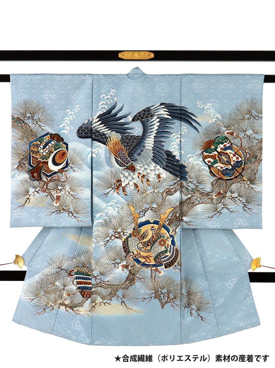 黄色の鷹と松刺繍着物 初宮参り 高品質 あつらえ品(オーダーメイド