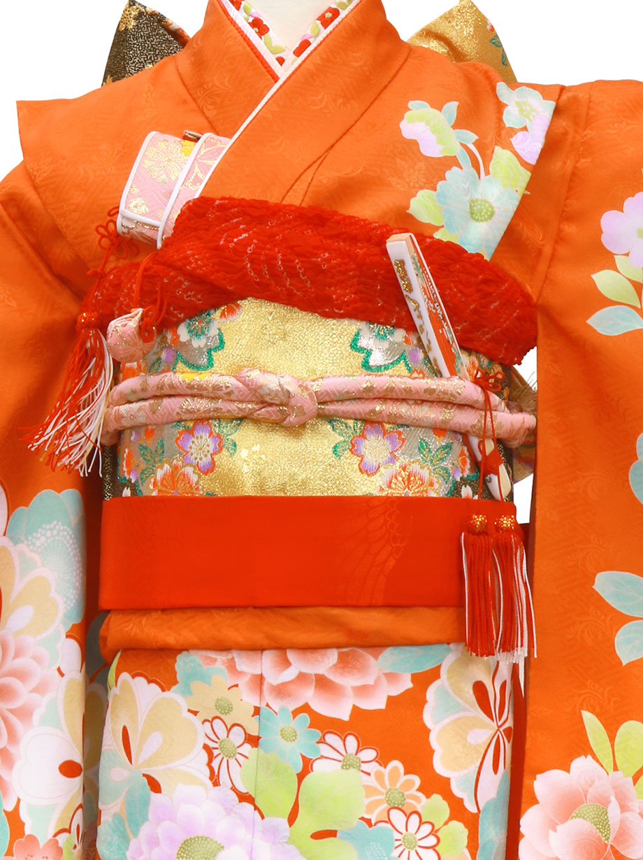 オレンジ地に牡丹づくしの着物／七五三・七歳女の子 | 宅配着物