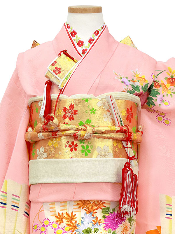 ピンク地に花車と花扇の着物（金帯にアイボリー）／七五三・七歳女の子