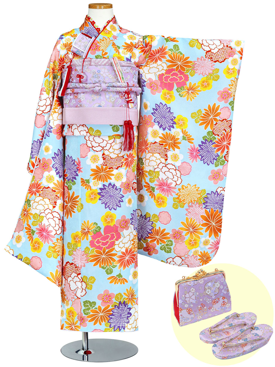 水色地に百花の着物（紫帯に紫）／七五三・七歳女の子* | 宅配着物