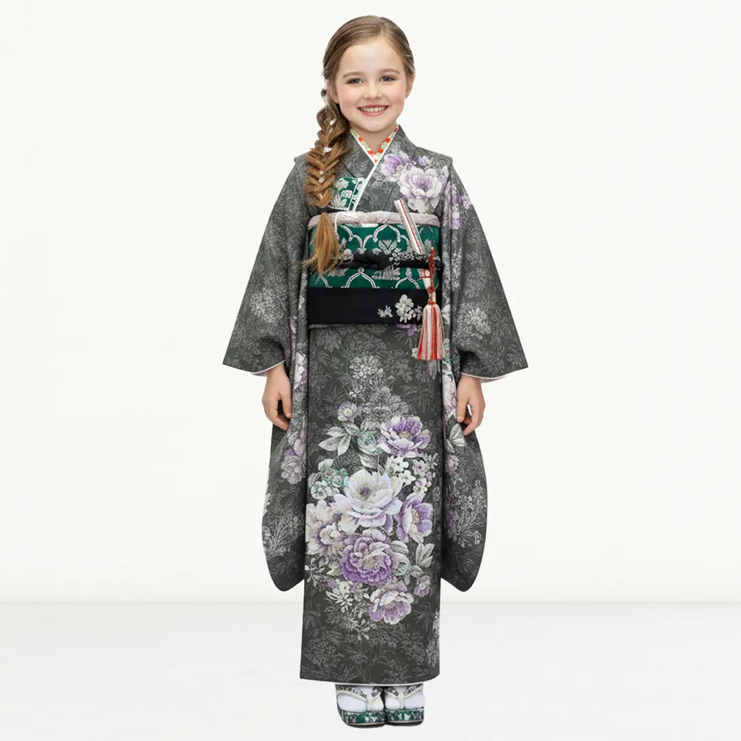 七五三用グレー花柄着物 なのは 七五三 着物 7歳 フルセット 販売