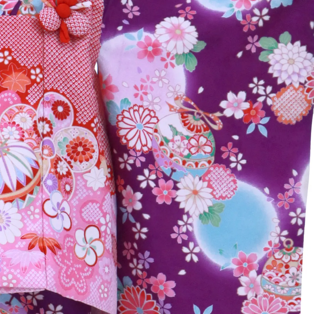 紫地に花柄と鈴の被布コートセット／七五三・三歳女の子** | 宅配着物