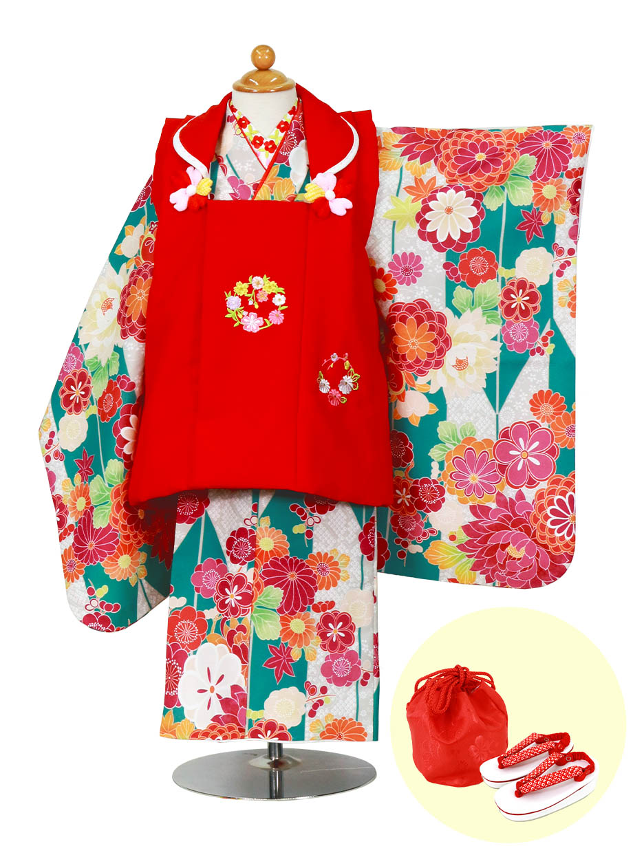 青緑の矢絣にダリア、赤の被布コートセット／七五三・三歳女の子