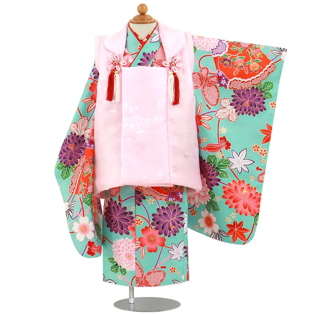 水色地に蝶や扇、ピンクの被布コートセット／七五三・三歳女の子