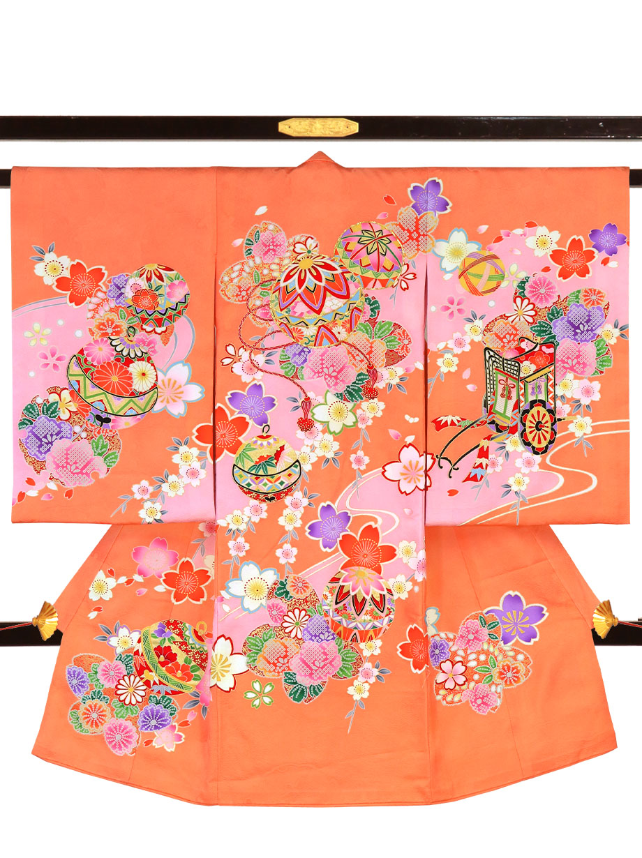 お宮参り産着／オレンジ地に鞠と御所車、桜の祝い着／女児 | お宮参り