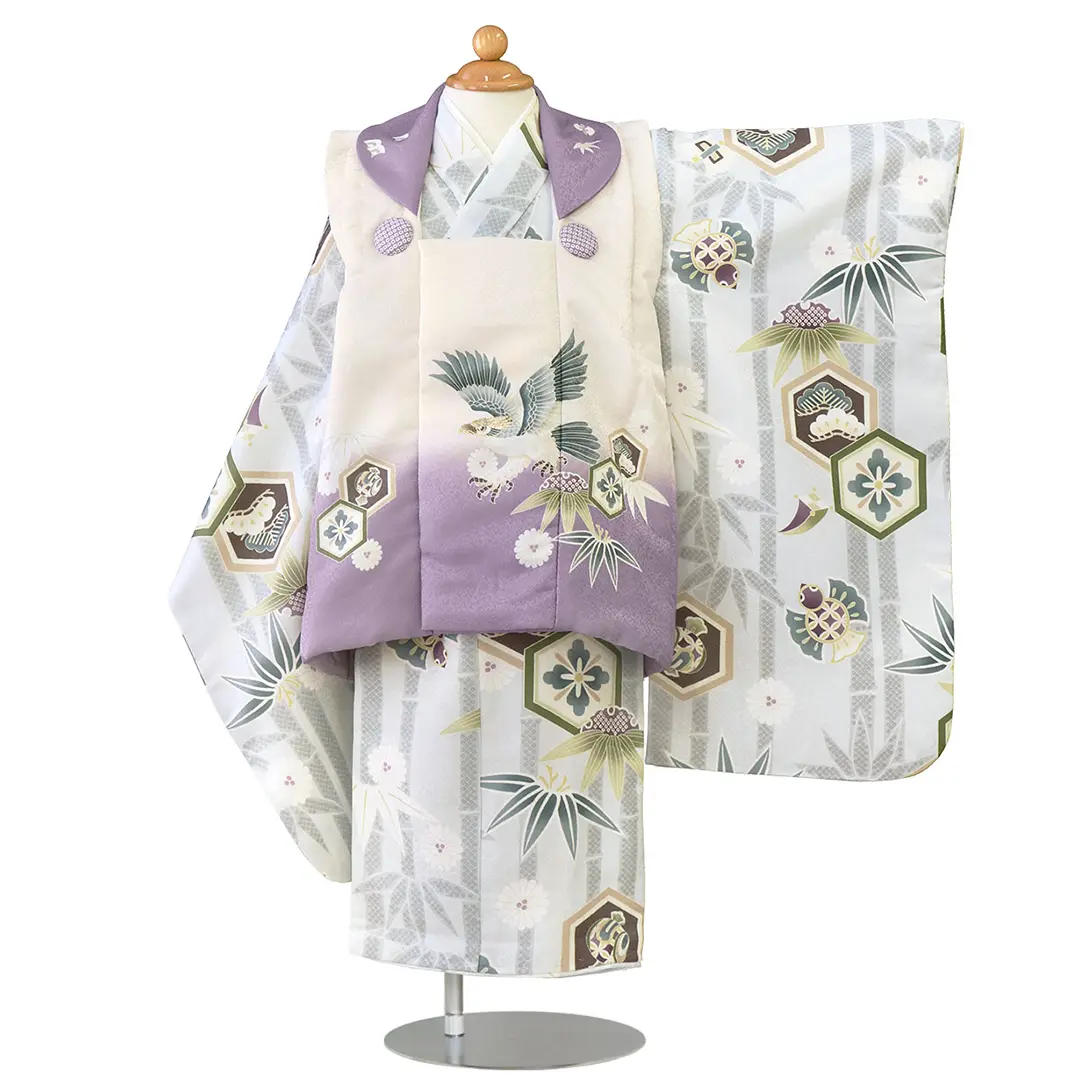 グレー地に竹と福良雀、鷹の被布コートセット／七五三・三歳男の子