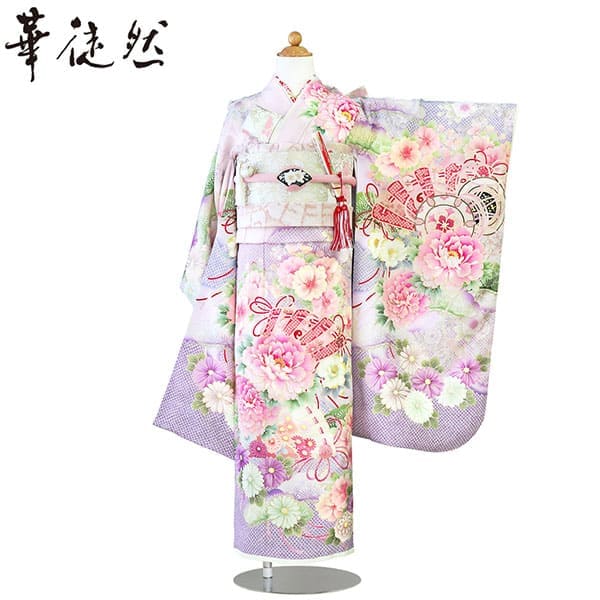七五三着物レンタル／《華徒然》薄紫地に牡丹と檜扇の着物／七歳女の子