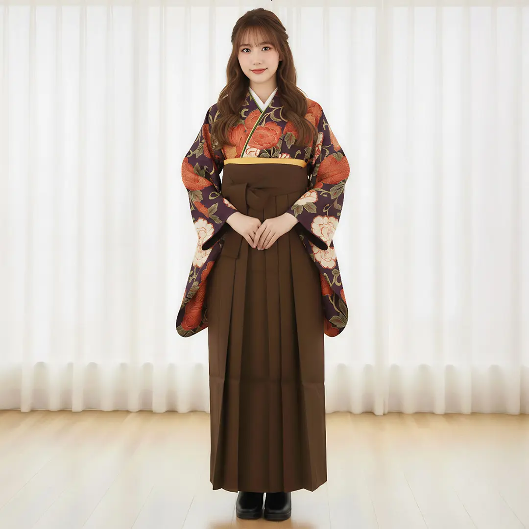 ≪ヒロミチナカノ≫紫地に赤の牡丹・茶色袴（無地） （二尺袖）／卒業