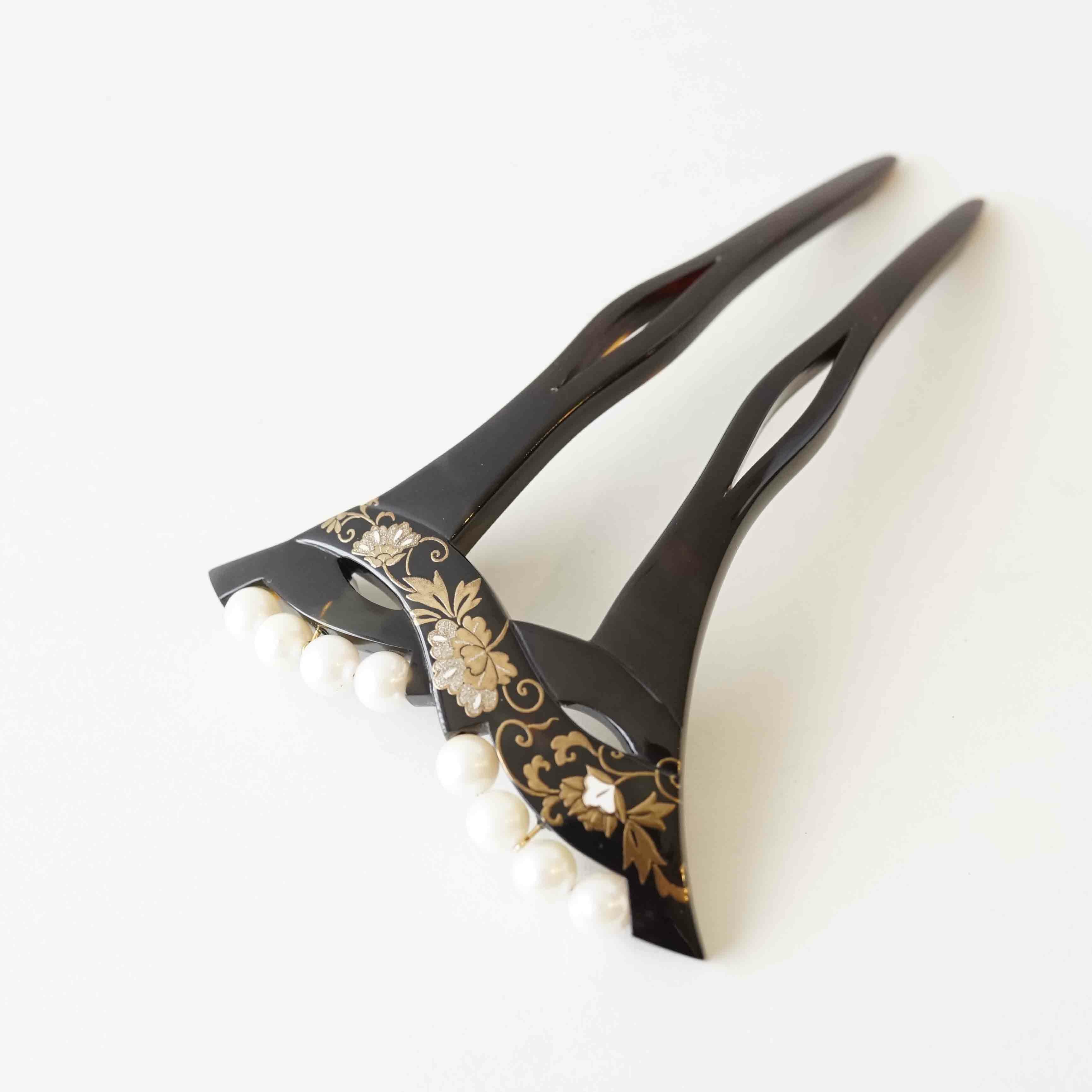 本べっ甲 純金蒔絵螺鈿かんざし 蔦文様（パール付き） | かづら清老舗