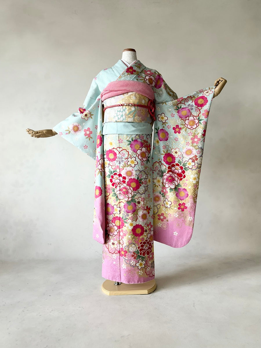 振袖レンタルセット 水色 桜 – きものセンター