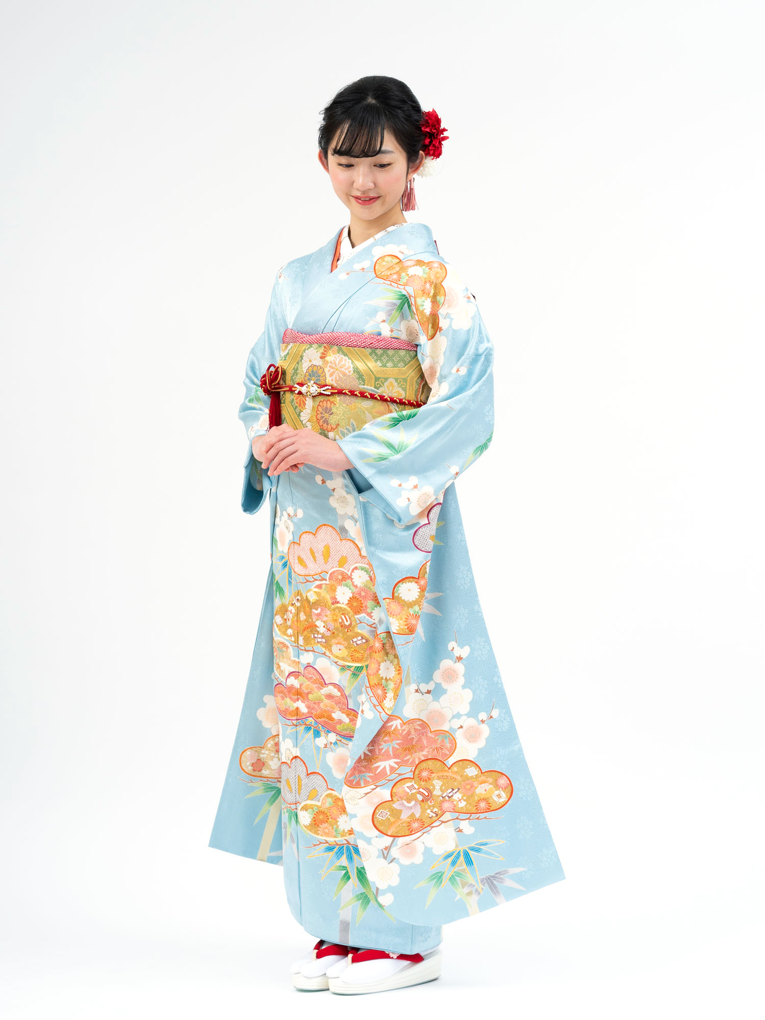 高級京友禅の振袖レンタル】古典柄・松竹梅の柄 MLサイズ 水色 品番K