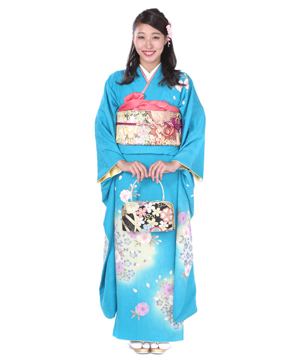 振袖レンタル｜水色に桜｜F0118｜L｜宅配着物レンタル・一式フルセット