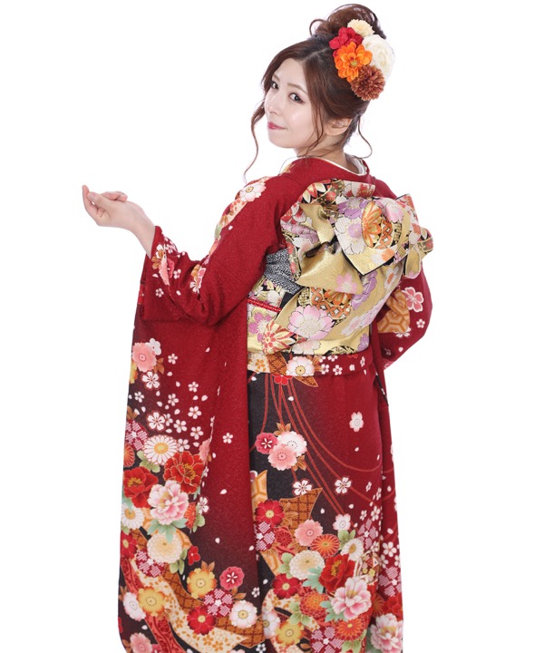 振袖レンタル｜ラメ入りの赤地に熨斗と牡丹と桜｜F0308｜S｜宅配着物