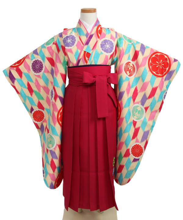 卒園式袴(キッズ向け)｜ 矢絣に華紋柄着物×エンジ袴｜S0099｜宅配着物