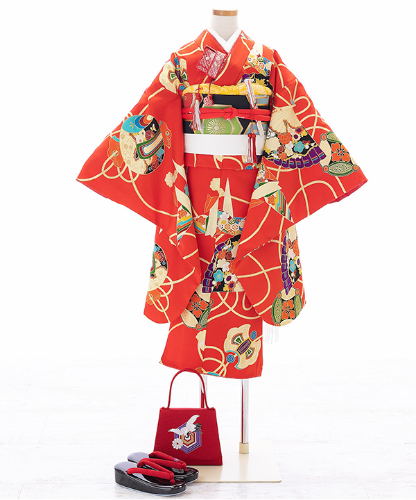 七五三(七歳女の子)着物レンタル｜【紅一点】赤に折り鶴柄着物×黒作り