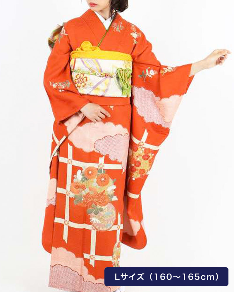 振袖 | 朱色に雲取り花籠と吉祥文様の花丸文 | 着物ネット通販・宅配