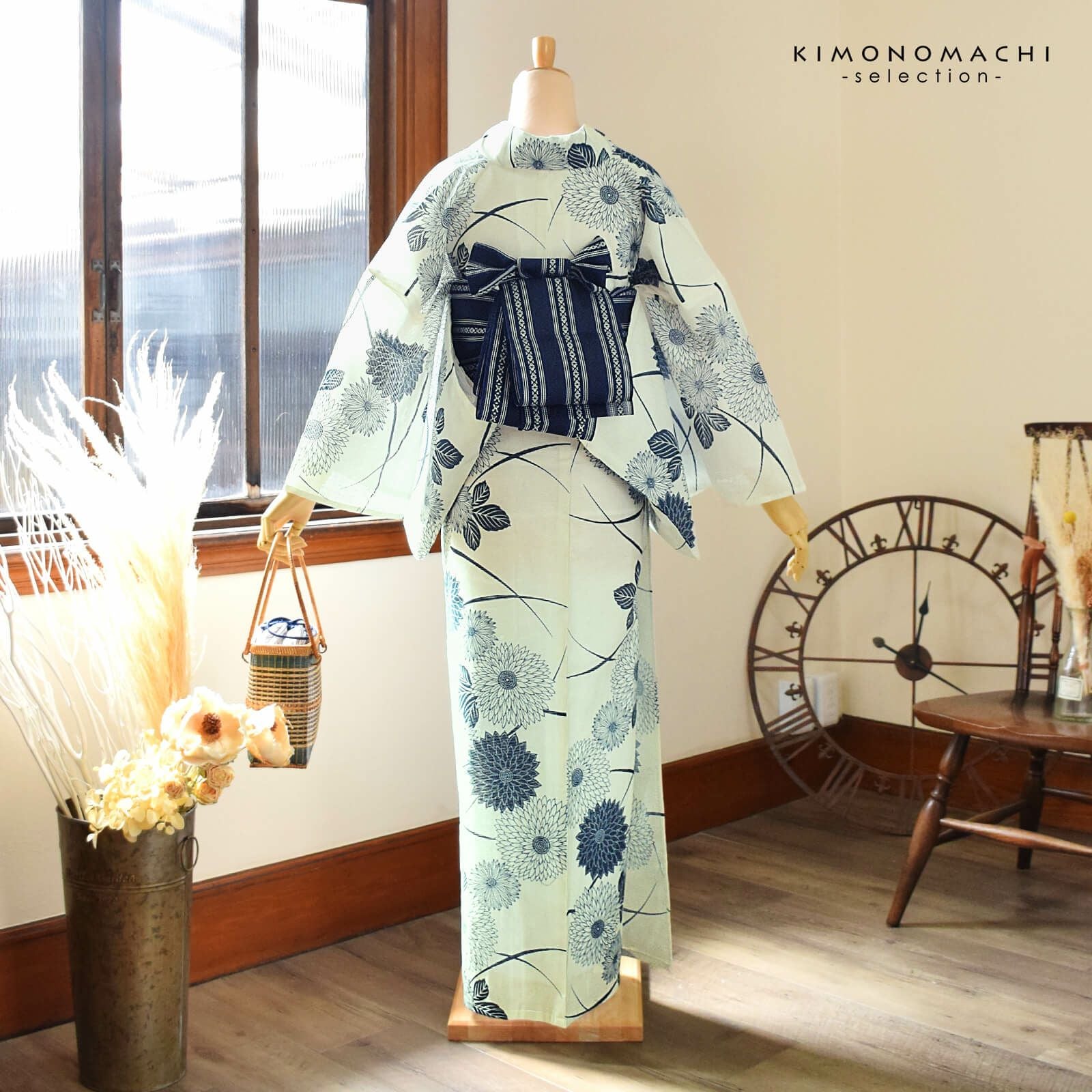 浴衣 レディース 単品 お仕立て上がり浴衣 綿絽浴衣「流れ菊 さび紺