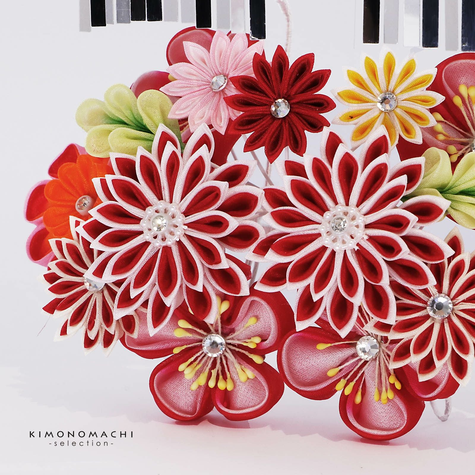 七五三 髪飾り 勝山かんざし 3点セット「紅白 つまみのお花、若葉」7歳