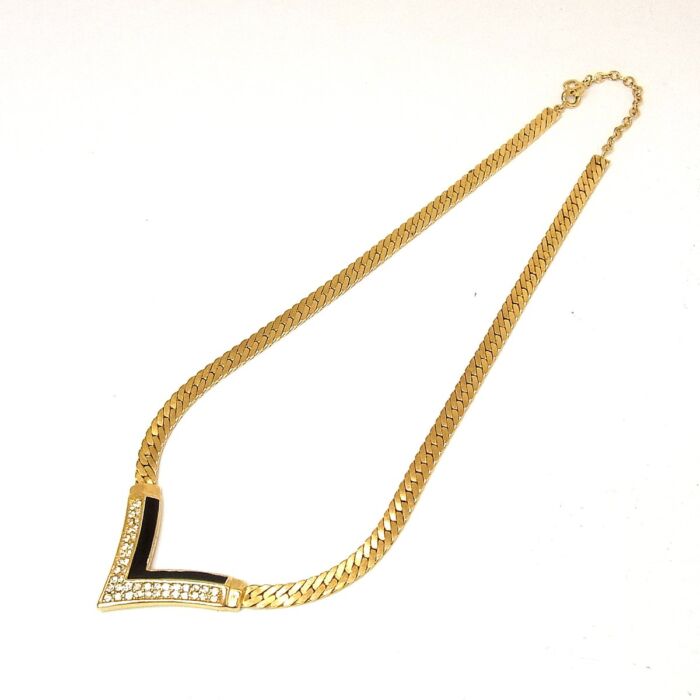 クリスチャンディオール ラインストーン V字ネックレス ゴールドカラー