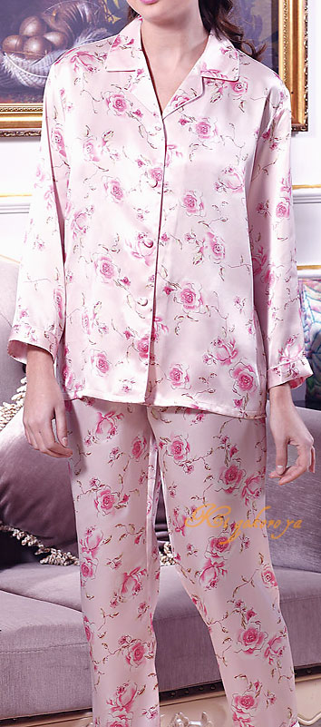 シルクパジャマ レディース 絹100％バラ 長袖 ピンク