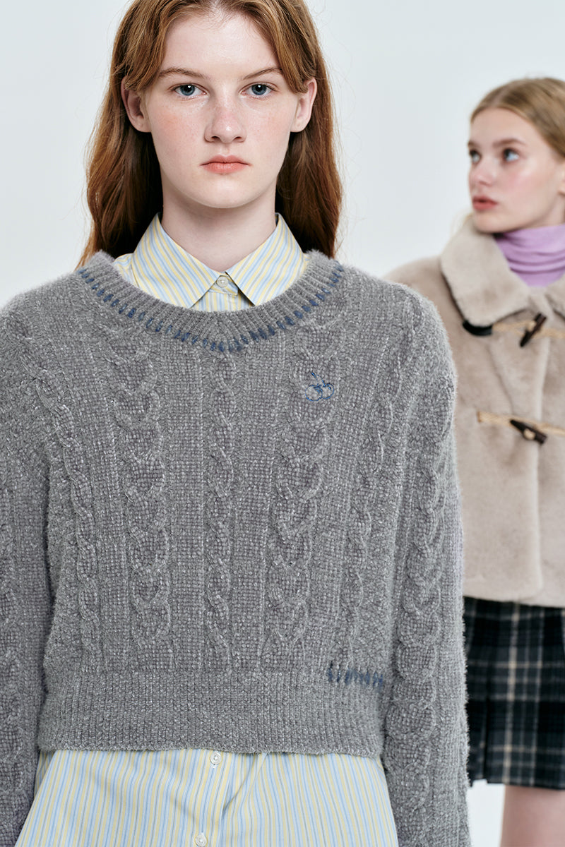 チェリーVネッククロップケーブルニット【メランジグレー】