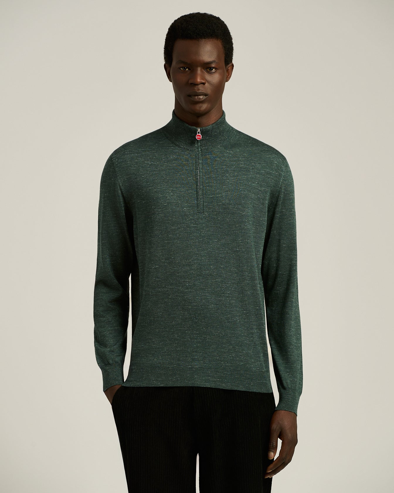 Men's green pine zip-neck sweater in silk, cashmere and linen | Kiton