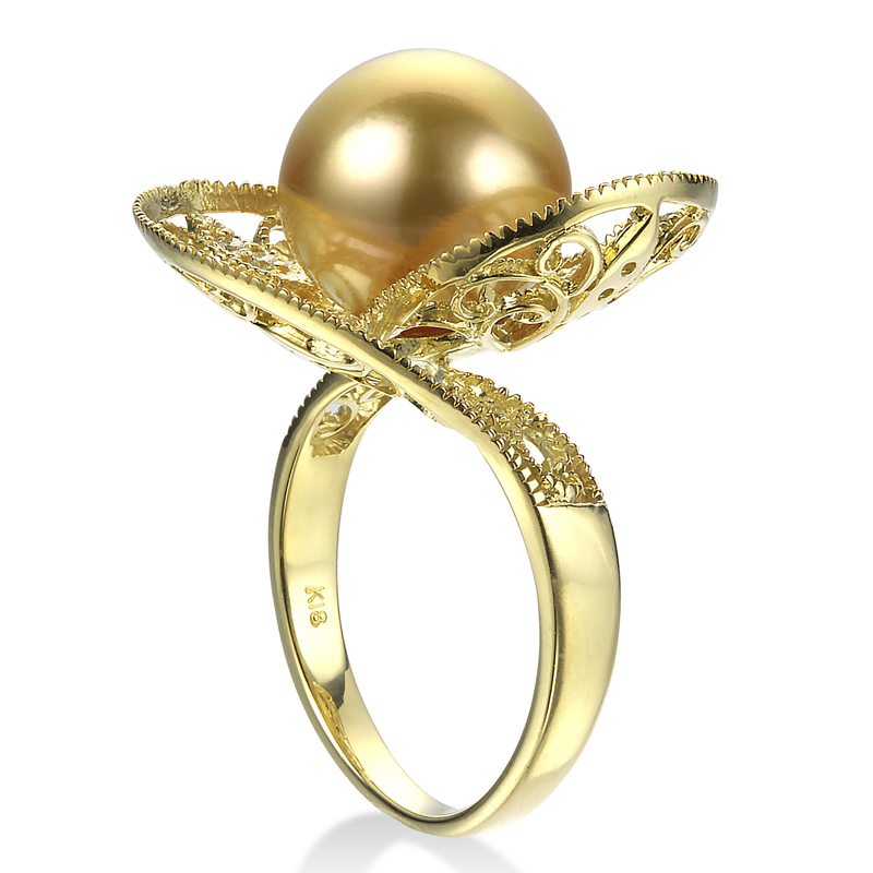 オーロラ茶金 K18 南洋ゴールドパール リング（11.7ミリ D0.08ct・無