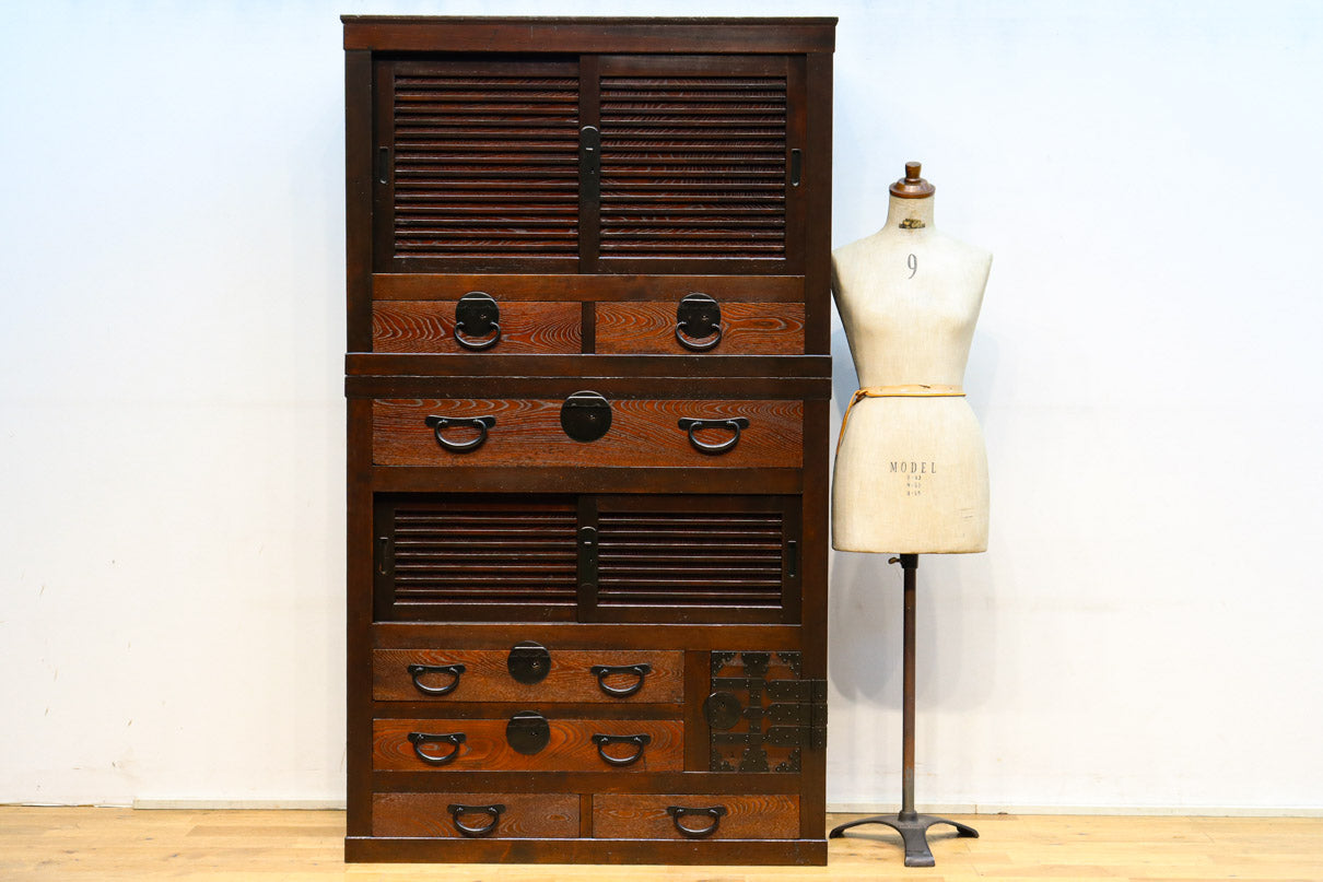 値下逸品 匠シール 欅 縮み杢 内桐 民芸・時代家具調 小抽斗 小箪笥幅