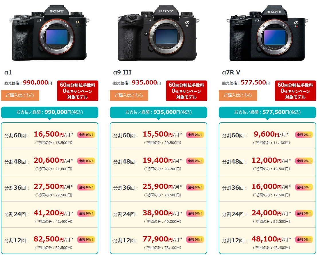ソニーストアカメラ・レンズ分割60回まで手数料0%キャンペーン！2025年