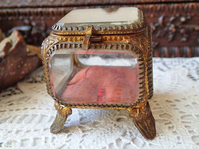 フランスアンティーク ベベルガラス ジュエリーボックス ピンク