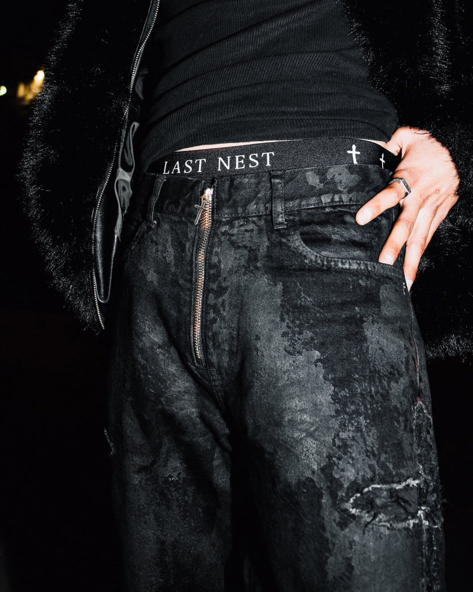 Coating Denim Flare Pants / Black｜LAST NEST Official Online Site
