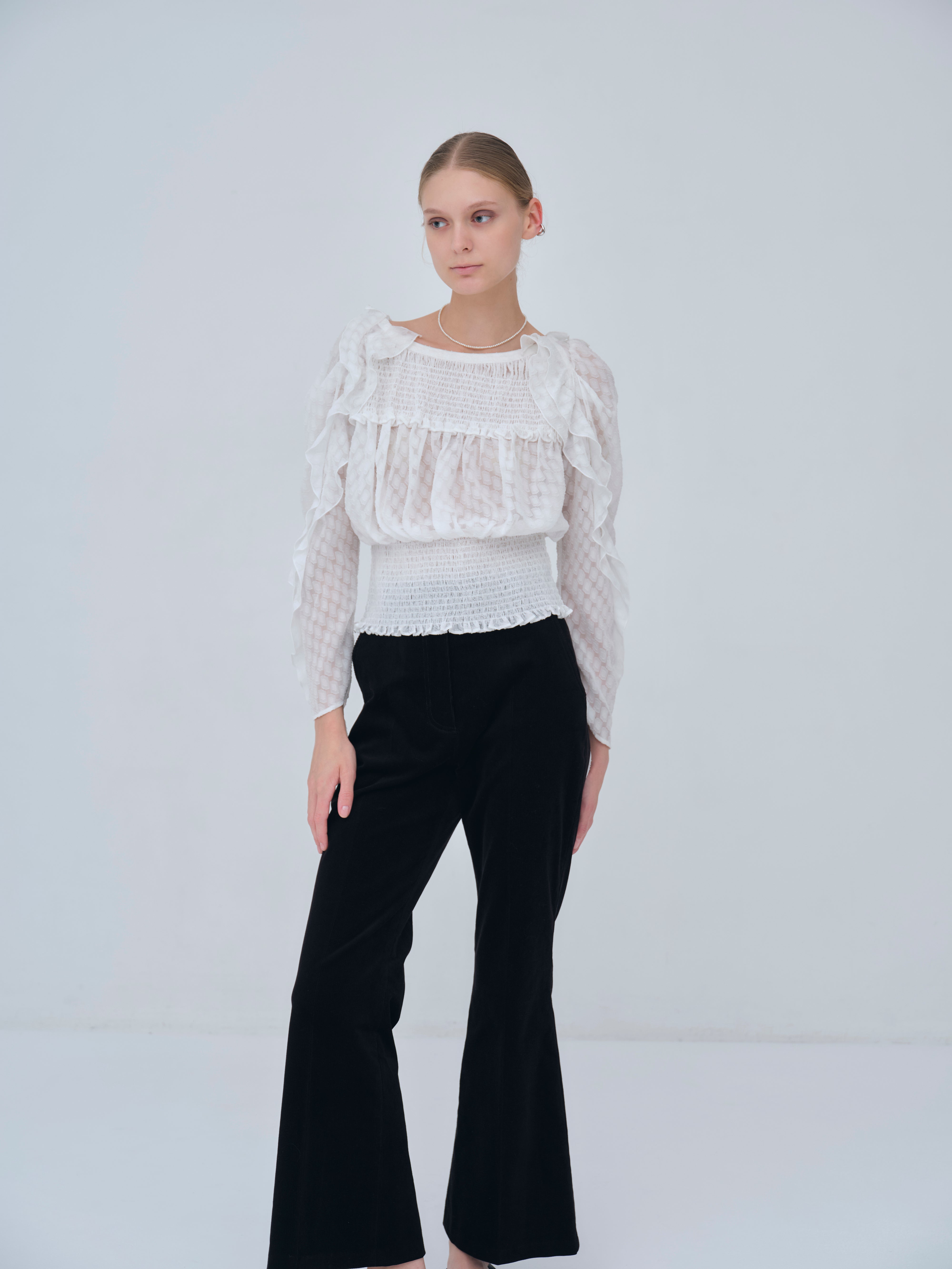 Sheer Jacquard Frill Blouse – L'AUBE BLANC