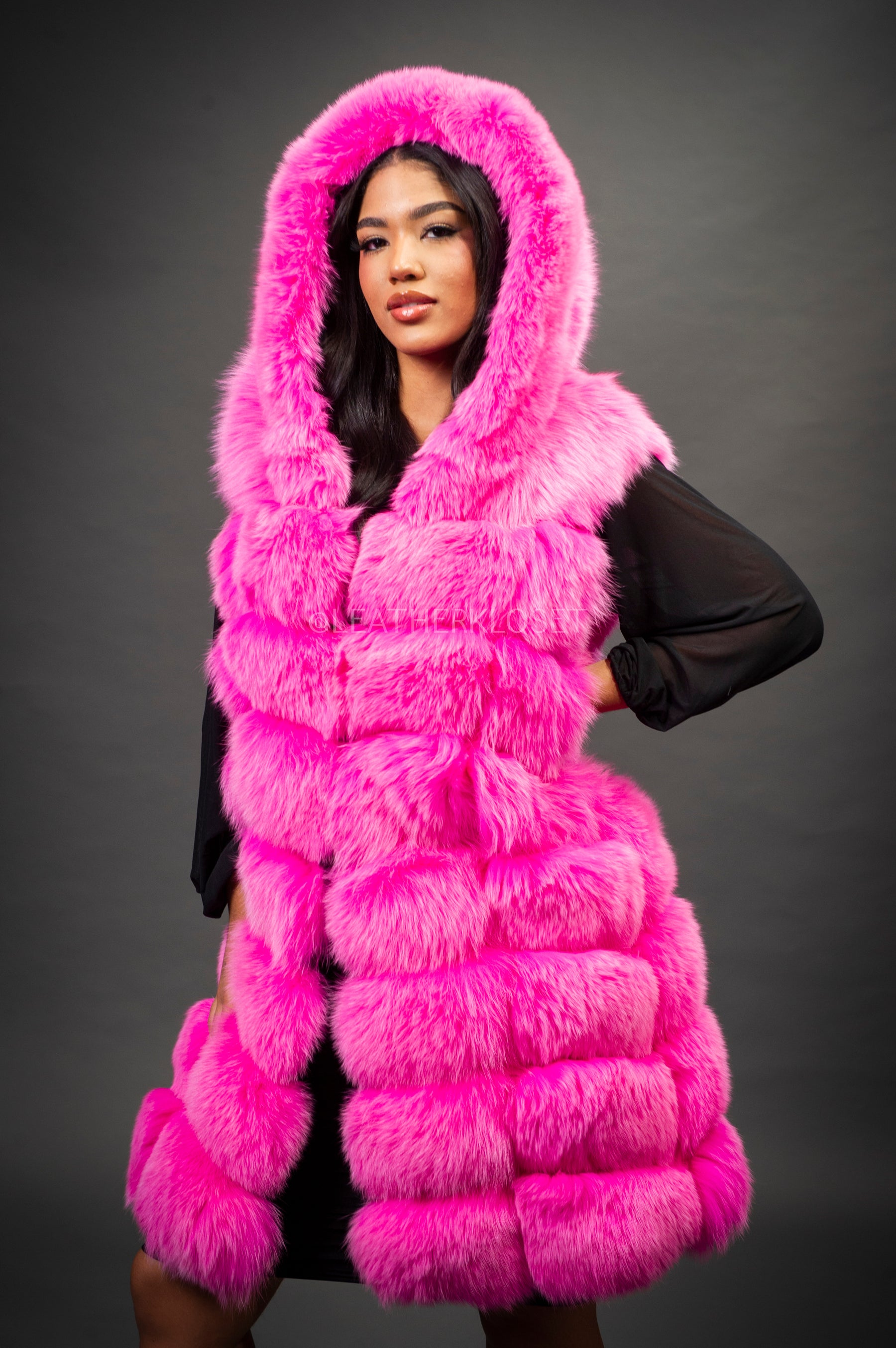 Women's Mia Fox Fur Vest With Hood [Pink] – LeatherKloset