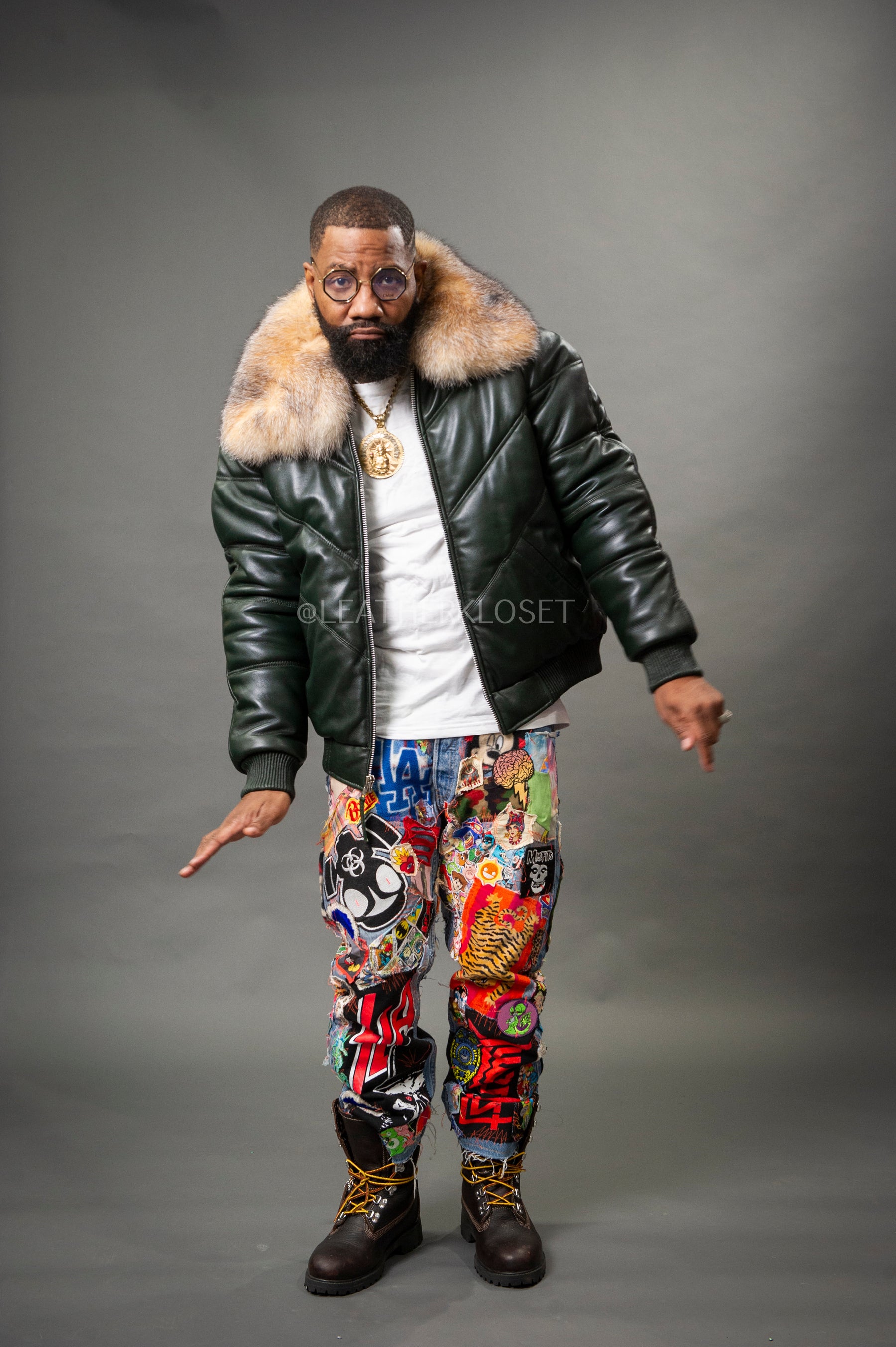 Men's V-Bomber Leather Jacket Forest Green [Crystal Fox