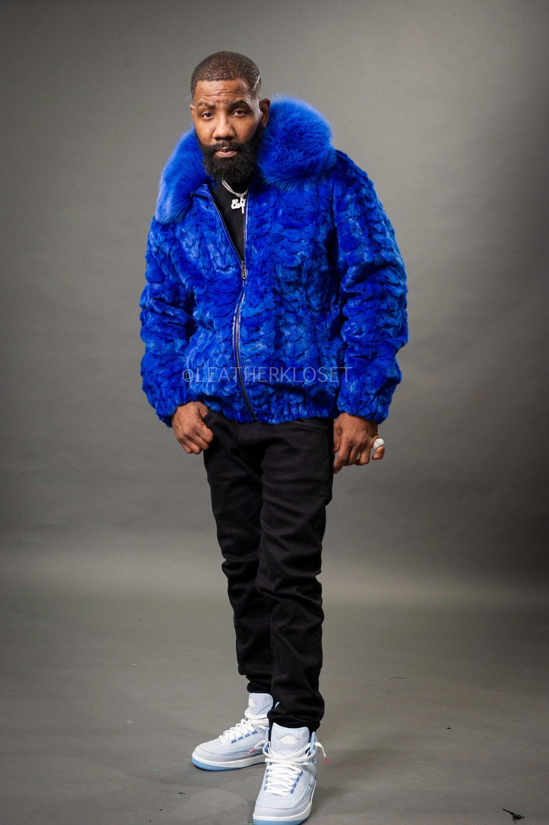 Men's Mink with Fox Fur Bomber Jacket [Royal Blue] – LeatherKloset