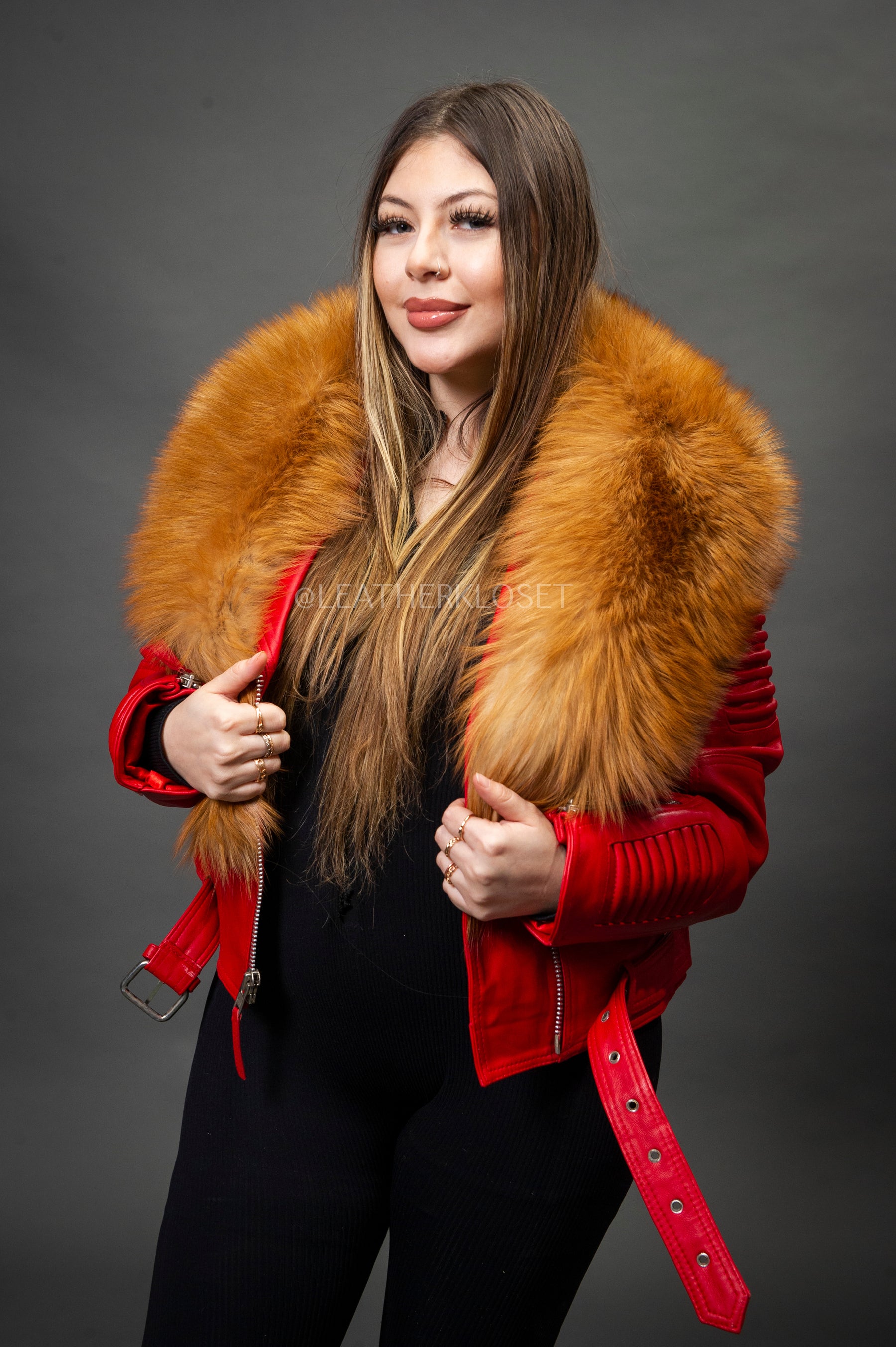 Women's Trey Biker Red Oversized Fox Collar [Red Fox Fur
