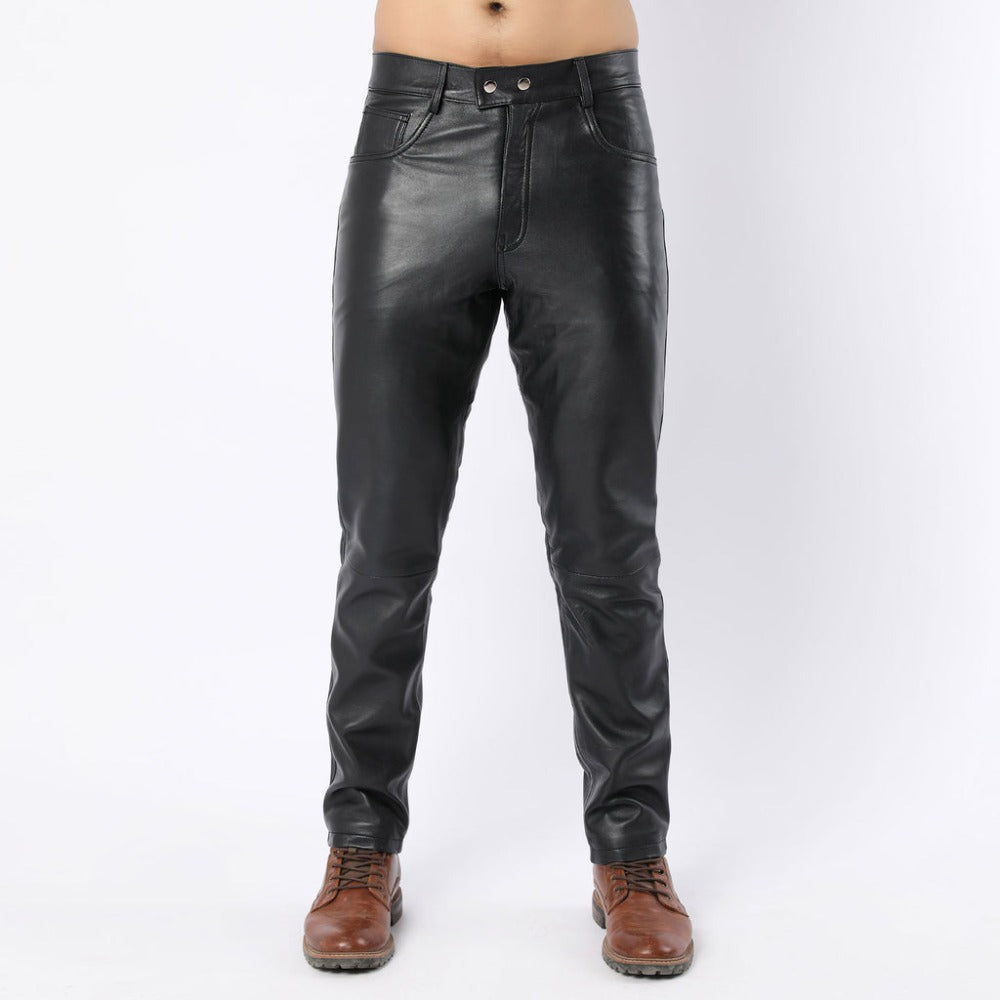 Men Black Sheep Leather Pants with Side Panel and Double Button