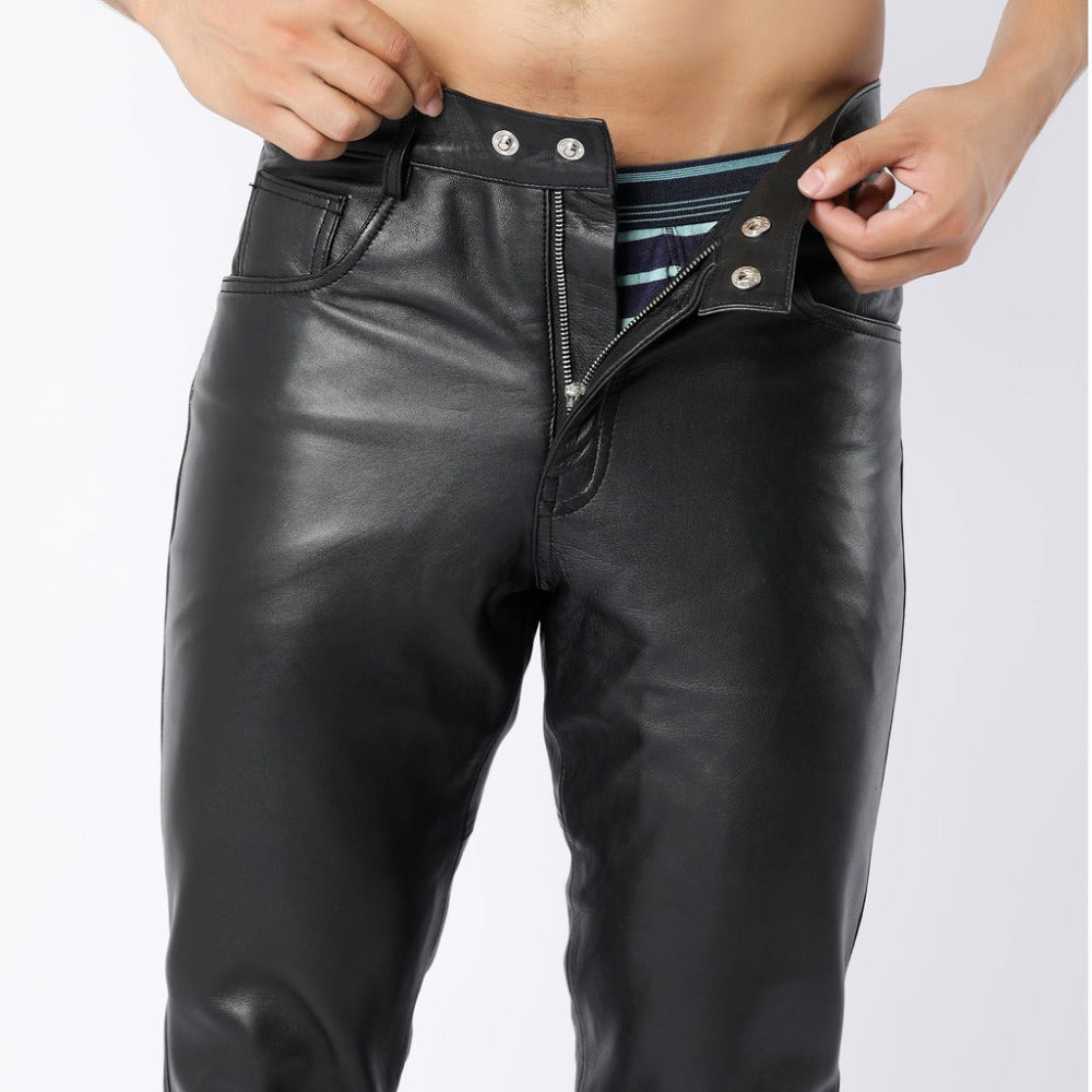 Men Black Sheep Leather Pants with Side Panel and Double Button