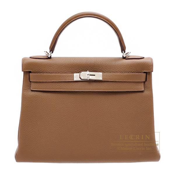 Hermes Kelly bag 32 Retourne Alezan Clemence leather Silver